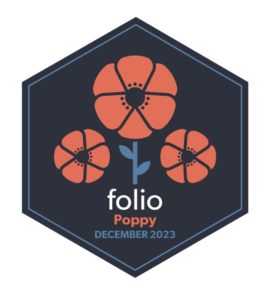FOLIO Poppy release badge. A stylized image of three poppy flowers with the words FOLIO Poppy December 2023 underneath.
